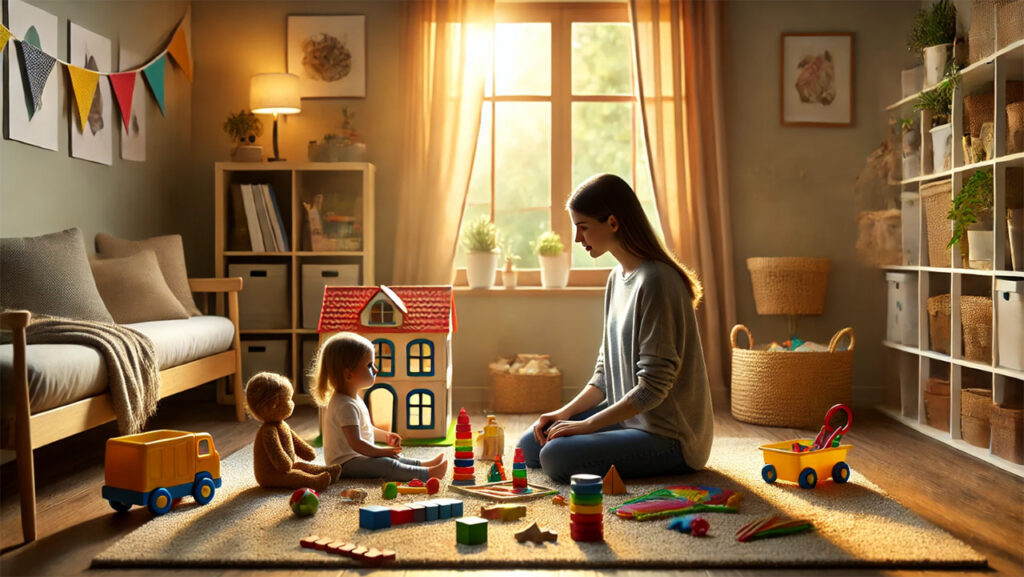 Çocuk merkezli oyun terapisi yapan bir psikoloğu imgeleyen görsel